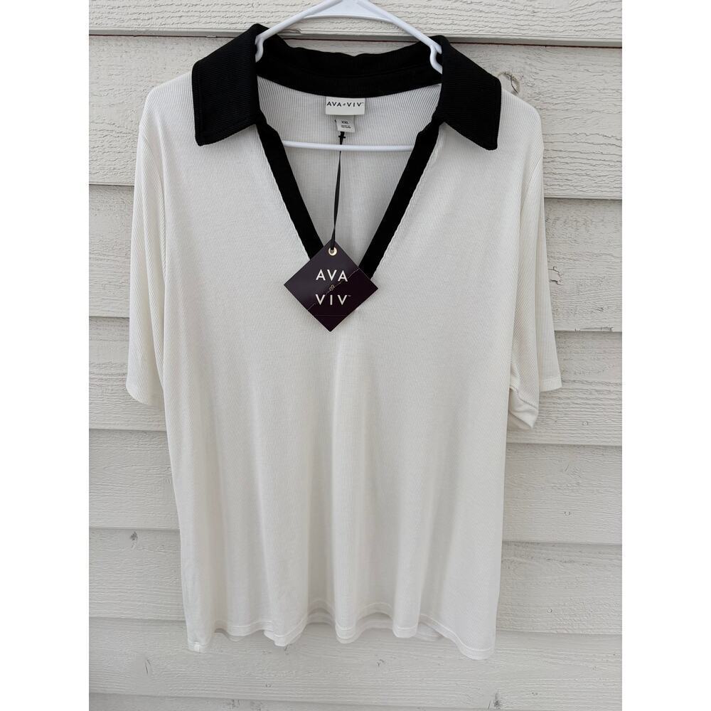 AVA & VIV Black & White Contrast Collar Blouse Top XXL NWT Chic Minimal